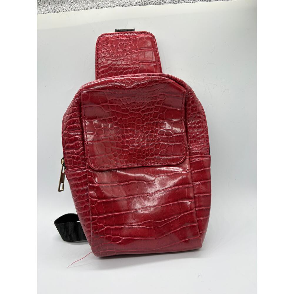 Red Croc Embossed Sling Backpack Crossbody Chest Bag Faux Leather Mini Backpack